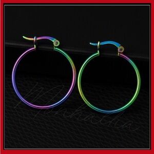 NEW COLORFUL RAINBOW TITANIUM METALLIC HOOP EARRINGS